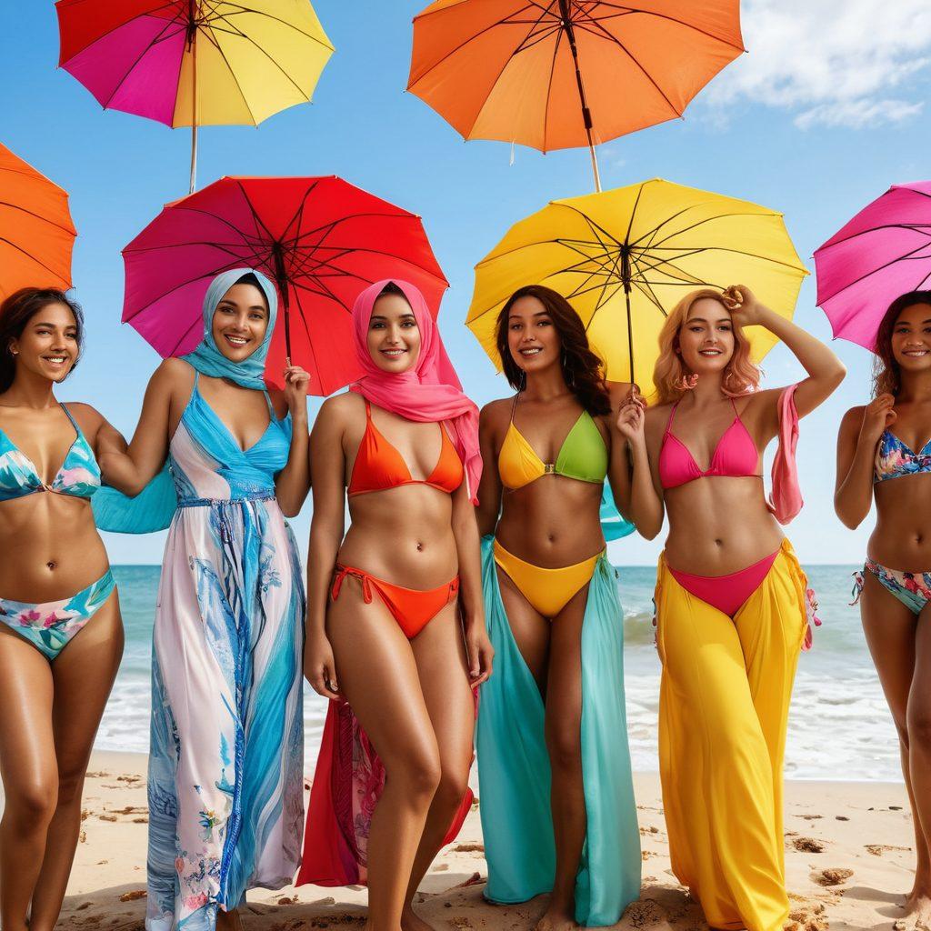 A vibrant beach scene capturing diverse women confidently wearing modern swimwear, blending traditional hijabs with stylish bikinis. The setting showcases bright umbrellas, colorful beach towels, and playful waves, emphasizing empowerment and self-expression in fashion. Use bold colors and dynamic poses to convey a sense of freedom and celebration. super-realistic. vibrant colors. summer vibes.